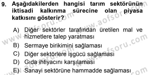 Tarım Ekonomisi ve Tarımsal Politikalar Dersi Ara Sınavı Deneme Sınav Soruları 9. Soru
