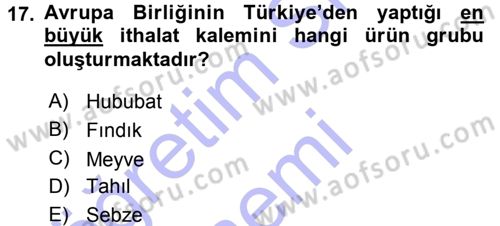 Tarım Ekonomisi ve Tarımsal Politikalar Dersi 2015 - 2016 Yılı (Final) Dönem Sonu Sınav Soruları 17. Soru