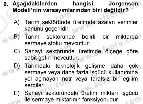 Tarım Ekonomisi ve Tarımsal Politikalar Dersi 2015 - 2016 Yılı Tek Ders Sınav Soruları 9. Soru
