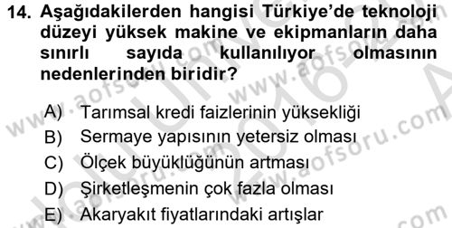Tarım Ekonomisi ve Tarımsal Politikalar Dersi 2016 - 2017 Yılı (Vize) Ara Sınav Soruları 14. Soru