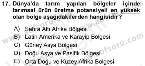 Tarım Ekonomisi ve Tarımsal Politikalar Dersi 2016 - 2017 Yılı (Final) Dönem Sonu Sınav Soruları 17. Soru