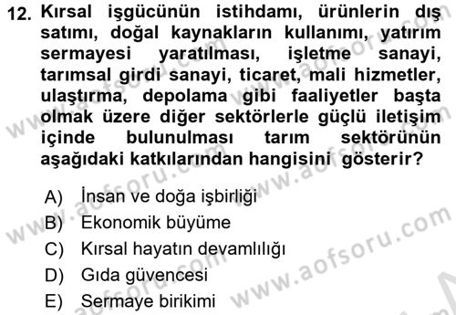 Tarım Ekonomisi ve Tarımsal Politikalar Dersi Ara Sınavı Deneme Sınav Soruları 12. Soru