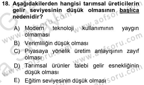 Tarım Ekonomisi ve Tarımsal Politikalar Dersi 2017 - 2018 Yılı (Vize) Ara Sınav Soruları 18. Soru