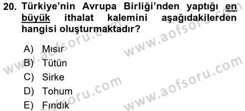 Tarım Ekonomisi ve Tarımsal Politikalar Dersi 2017 - 2018 Yılı (Final) Dönem Sonu Sınav Soruları 20. Soru