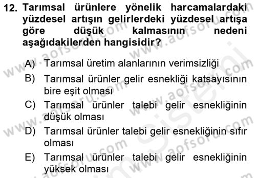Tarım Ekonomisi ve Tarımsal Politikalar Dersi Ara Sınavı Deneme Sınav Soruları 12. Soru