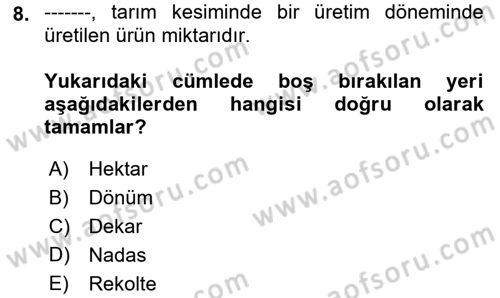 Tarım Ekonomisi ve Tarımsal Politikalar Dersi Ara Sınavı Deneme Sınav Soruları 8. Soru