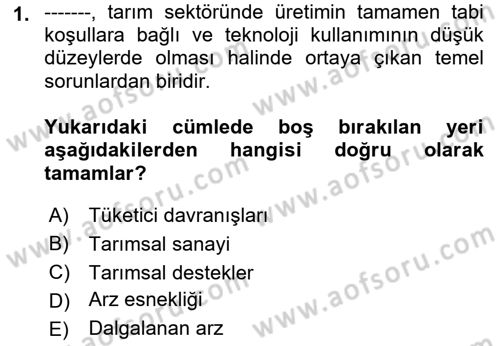 Tarım Ekonomisi ve Tarımsal Politikalar Dersi 2018 - 2019 Yılı Yaz Okulu Sınav Soruları 1. Soru