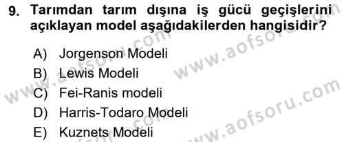 Tarım Ekonomisi ve Tarımsal Politikalar Dersi 2018 - 2019 Yılı Yaz Okulu Sınav Soruları 9. Soru