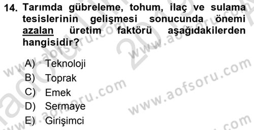 Tarım Ekonomisi ve Tarımsal Politikalar Dersi Ara Sınavı Deneme Sınav Soruları 14. Soru