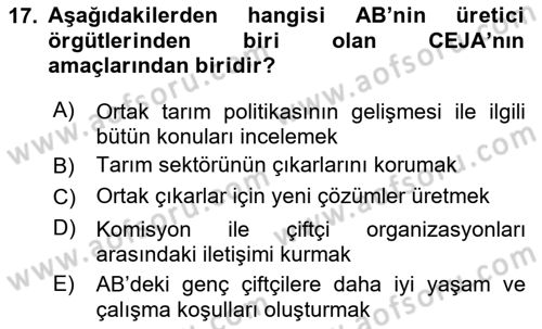 Tarım Ekonomisi ve Tarımsal Politikalar Dersi 2020 - 2021 Yılı Yaz Okulu Sınav Soruları 17. Soru