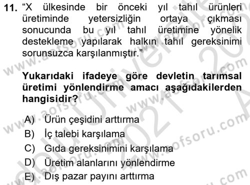 Tarım Ekonomisi ve Tarımsal Politikalar Dersi Ara Sınavı Deneme Sınav Soruları 11. Soru