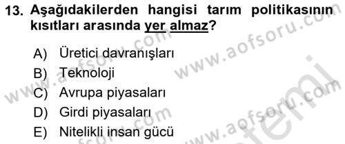 Tarım Ekonomisi ve Tarımsal Politikalar Dersi 2021 - 2022 Yılı (Vize) Ara Sınav Soruları 13. Soru
