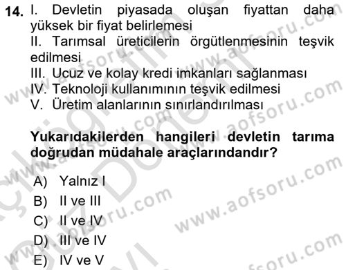Tarım Ekonomisi ve Tarımsal Politikalar Dersi Ara Sınavı Deneme Sınav Soruları 14. Soru