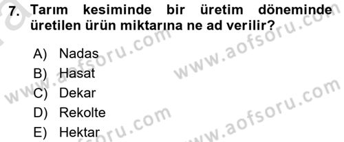 Tarım Ekonomisi ve Tarımsal Politikalar Dersi Ara Sınavı Deneme Sınav Soruları 7. Soru