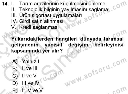 Tarım Ekonomisi ve Tarımsal Politikalar Dersi Dönem Sonu Sınavı Deneme Sınav Soruları 14. Soru
