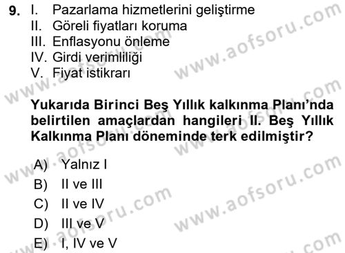 Tarım Ekonomisi ve Tarımsal Politikalar Dersi Dönem Sonu Sınavı Deneme Sınav Soruları 9. Soru