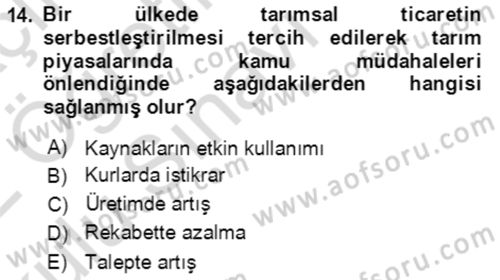 Tarım Ekonomisi ve Tarımsal Politikalar Dersi 2021 - 2022 Yılı Yaz Okulu Sınav Soruları 14. Soru