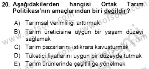 Tarım Ekonomisi ve Tarımsal Politikalar Dersi 2021 - 2022 Yılı Yaz Okulu Sınav Soruları 20. Soru