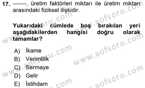 Tarım Ekonomisi ve Tarımsal Politikalar Dersi 2022 - 2023 Yılı (Vize) Ara Sınav Soruları 17. Soru