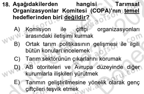 Tarım Ekonomisi ve Tarımsal Politikalar Dersi Dönem Sonu Sınavı Deneme Sınav Soruları 18. Soru