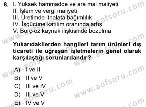 Tarım Ekonomisi ve Tarımsal Politikalar Dersi Dönem Sonu Sınavı Deneme Sınav Soruları 8. Soru