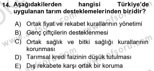 Tarım Ekonomisi ve Tarımsal Politikalar Dersi 2022 - 2023 Yılı Yaz Okulu Sınav Soruları 14. Soru