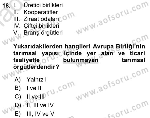 Tarım Ekonomisi ve Tarımsal Politikalar Dersi 2022 - 2023 Yılı Yaz Okulu Sınav Soruları 18. Soru