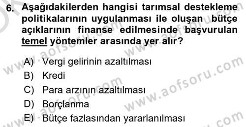 Tarım Ekonomisi ve Tarımsal Politikalar Dersi 2022 - 2023 Yılı Yaz Okulu Sınav Soruları 6. Soru