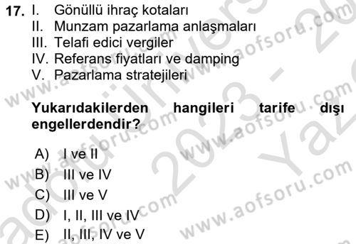 Tarım Ekonomisi ve Tarımsal Politikalar Dersi 2023 - 2024 Yılı Yaz Okulu Sınav Soruları 17. Soru