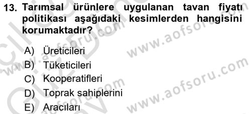 Tarım Ekonomisi ve Tarımsal Politikalar Dersi 2024 - 2025 Yılı (Vize) Ara Sınav Soruları 13. Soru