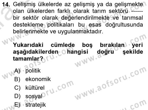 Tarım Ekonomisi ve Tarımsal Politikalar Dersi 2024 - 2025 Yılı (Vize) Ara Sınav Soruları 14. Soru