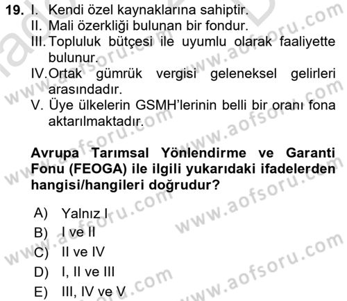 Tarım Ekonomisi ve Tarımsal Politikalar Dersi 2024 - 2025 Yılı (Final) Dönem Sonu Sınav Soruları 19. Soru