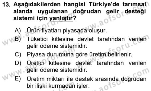 Tarım Ekonomisi ve Tarımsal Politikalar Dersi 2024 - 2025 Yılı Yaz Okulu Sınav Soruları 13. Soru
