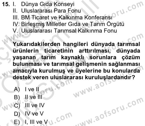 Tarım Ekonomisi ve Tarımsal Politikalar Dersi 2024 - 2025 Yılı Yaz Okulu Sınav Soruları 15. Soru