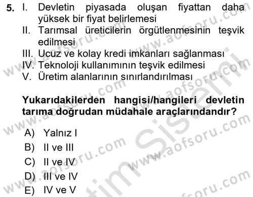Tarım Ekonomisi ve Tarımsal Politikalar Dersi 2024 - 2025 Yılı Yaz Okulu Sınav Soruları 5. Soru