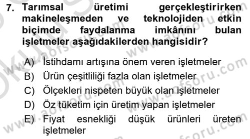 Tarım Ekonomisi ve Tarımsal Politikalar Dersi 2024 - 2025 Yılı Yaz Okulu Sınav Soruları 7. Soru