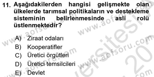Tarım Ekonomisi ve Tarımsal Politikalar Dersi 2025 - 2026 Yılı (Vize) Ara Sınav Soruları 11. Soru