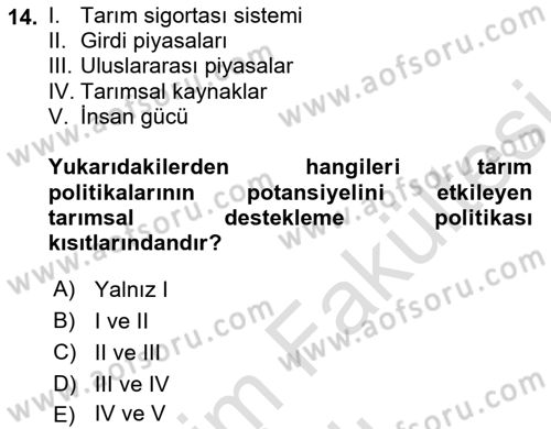 Tarım Ekonomisi ve Tarımsal Politikalar Dersi 2025 - 2026 Yılı (Vize) Ara Sınav Soruları 14. Soru