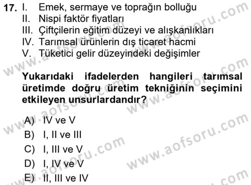 Tarım Ekonomisi ve Tarımsal Politikalar Dersi 2025 - 2026 Yılı (Vize) Ara Sınav Soruları 17. Soru