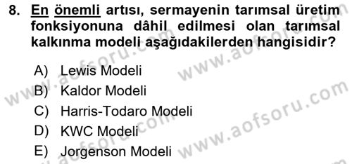 Tarım Ekonomisi ve Tarımsal Politikalar Dersi 2025 - 2026 Yılı (Vize) Ara Sınav Soruları 8. Soru