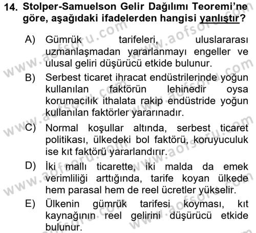 Uluslararası İktisat Teorisi Dersi Ara Sınavı Deneme Sınav Soruları 14. Soru