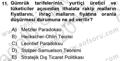 Uluslararası İktisat Teorisi Dersi 2017 - 2018 Yılı (Vize) Ara Sınav Soruları 11. Soru