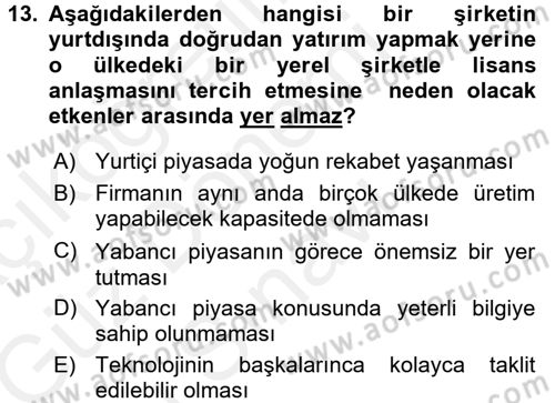 Uluslararası İktisat Teorisi Dersi 2017 - 2018 Yılı (Final) Dönem Sonu Sınav Soruları 13. Soru