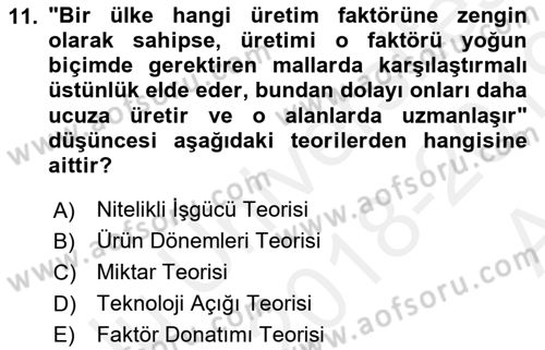 Uluslararası İktisat Teorisi Dersi Ara Sınavı Deneme Sınav Soruları 11. Soru