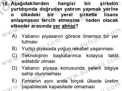 Uluslararası İktisat Teorisi Dersi 2018 - 2019 Yılı Yaz Okulu Sınav Soruları 15. Soru