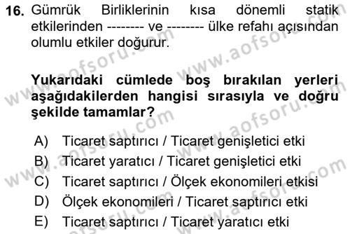 Uluslararası İktisat Teorisi Dersi 2020 - 2021 Yılı Yaz Okulu Sınav Soruları 16. Soru