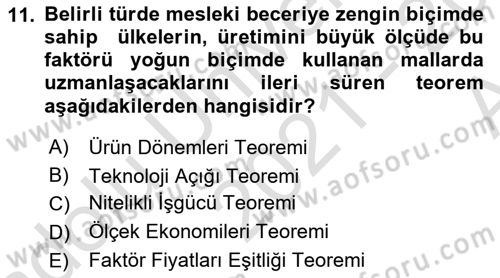 Uluslararası İktisat Teorisi Dersi 2021 - 2022 Yılı (Vize) Ara Sınav Soruları 11. Soru