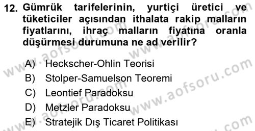 Uluslararası İktisat Teorisi Dersi Ara Sınavı Deneme Sınav Soruları 12. Soru