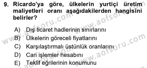 Uluslararası İktisat Teorisi Dersi Ara Sınavı Deneme Sınav Soruları 9. Soru