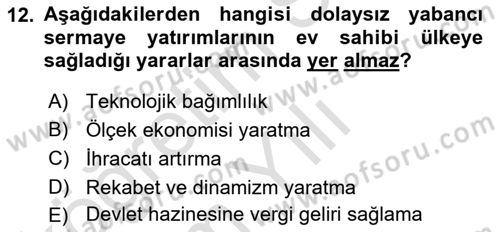 Uluslararası İktisat Teorisi Dersi 2021 - 2022 Yılı Yaz Okulu Sınav Soruları 12. Soru